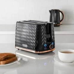 Goodmans Textured 2 Slice Toaster - Black & Rose Gold -Home Furnishings Store 358961 black textured 2 slice toaster