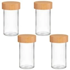 B&M Set Of 4 Glass Spice Jars With Bamboo Wood Base -Home Furnishings Store 394437 set of 4 glass spice jars with bamboo wood lid and base group